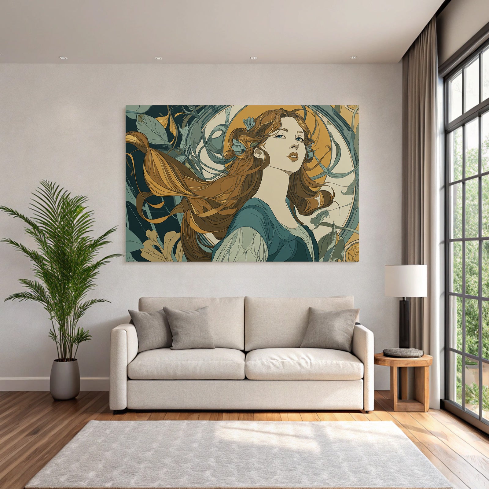 Frau Mit Langem Fliessendem Haar Umgeben Von Botanischen Elementen Im Art Nouveau Stil