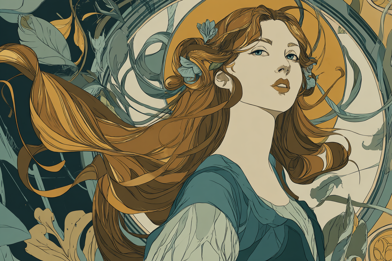 Frau Mit Langem Fliessendem Haar Umgeben Von Botanischen Elementen Im Art Nouveau Stil | Jugendstil | Stilrichtungen