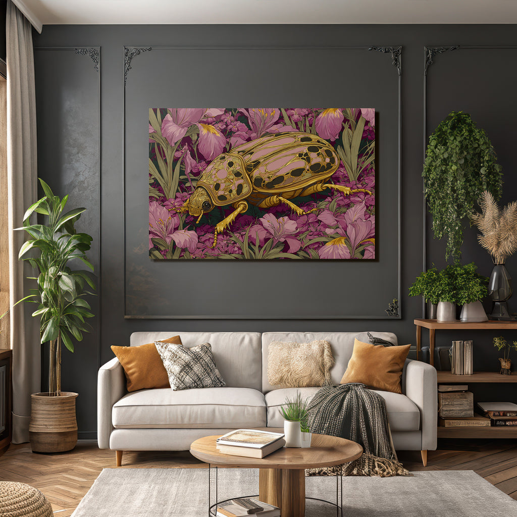 Goldrosa Käfer Umgeben Von Lila Irisblumen Kunstwerk