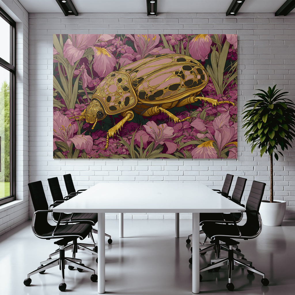Goldrosa Käfer Umgeben Von Lila Irisblumen Kunstwerk