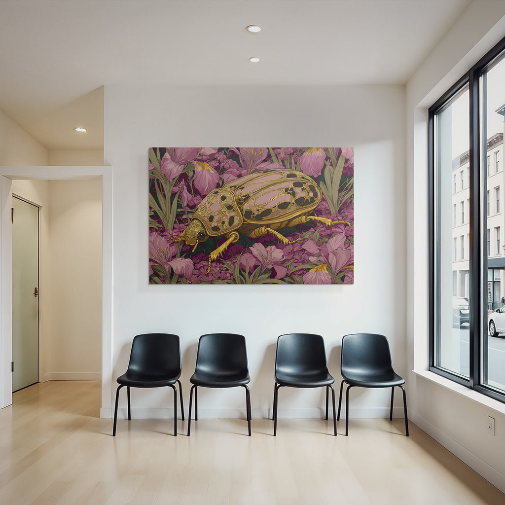Goldrosa Käfer Umgeben Von Lila Irisblumen Kunstwerk