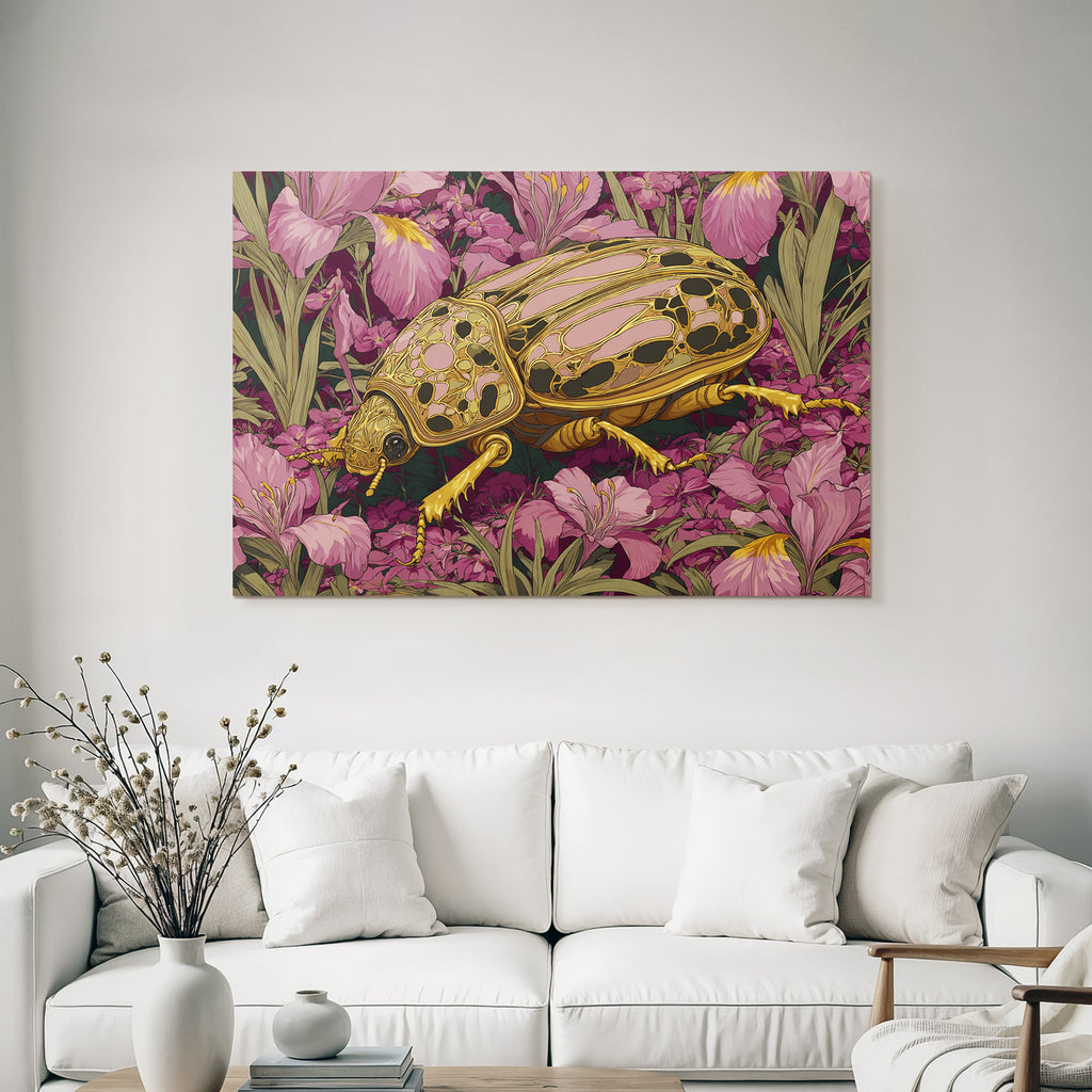 Goldrosa Käfer Umgeben Von Lila Irisblumen Kunstwerk