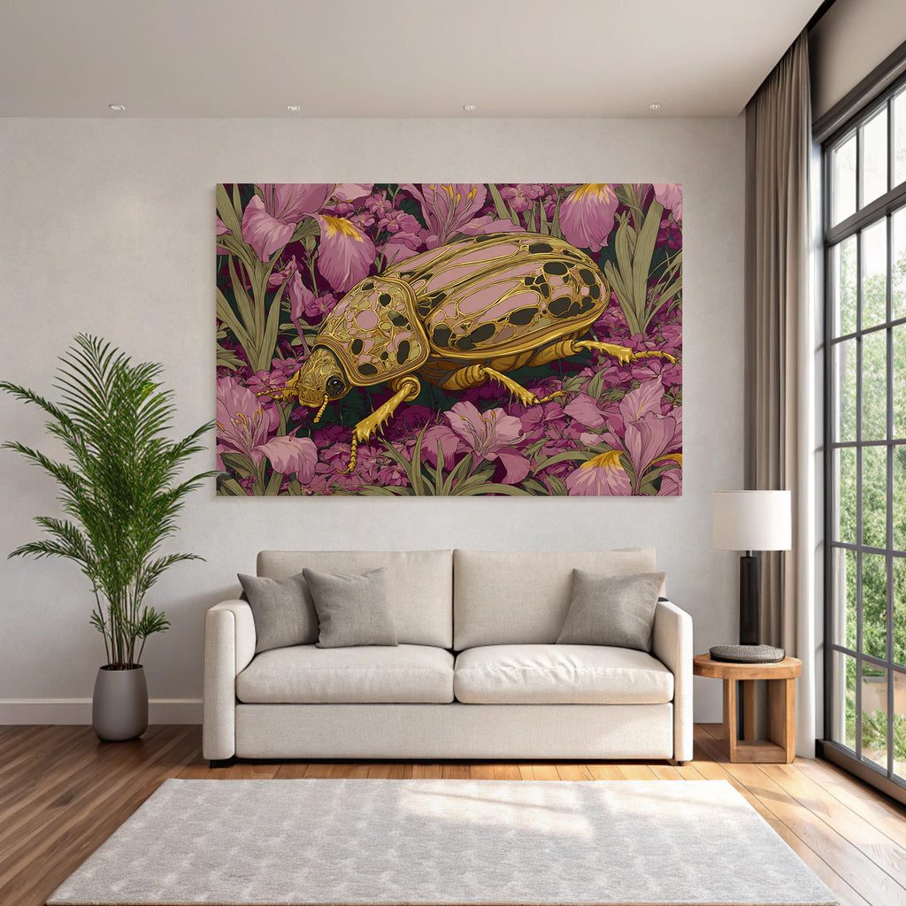 Goldrosa Käfer Umgeben Von Lila Irisblumen Kunstwerk