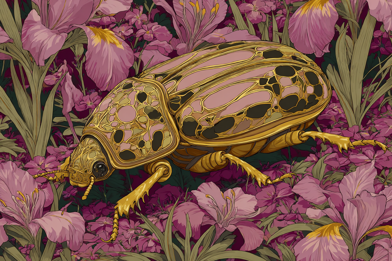 Goldrosa Käfer Umgeben Von Lila Irisblumen Kunstwerk | Jugendstil | Stilrichtungen