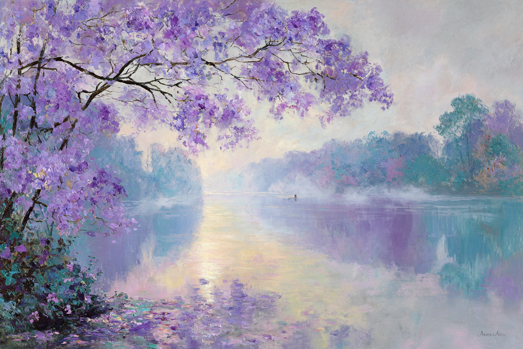 Idyllischer Fluss Mit Lila Blumen Und Nebel | Jugendstil | Stilrichtungen