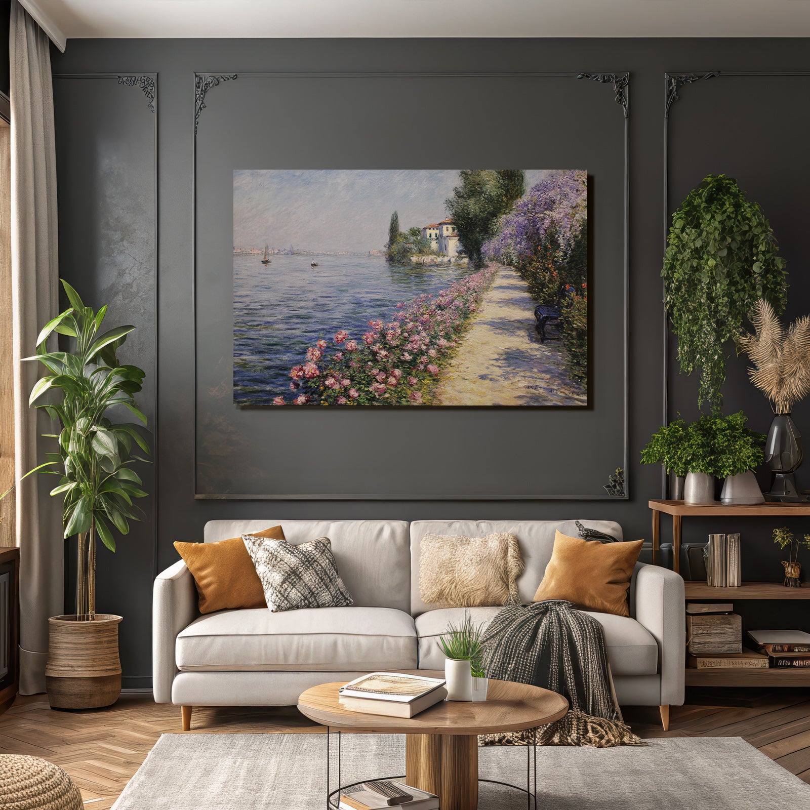 Idyllischer Weg Am Wasser Mit Blüten Booten Und Haus