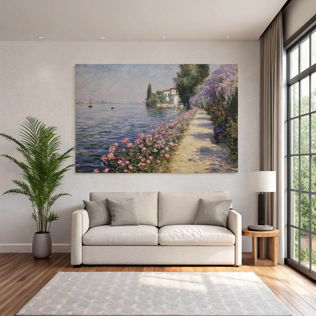 Idyllischer Weg Am Wasser Mit Blüten Booten Und Haus