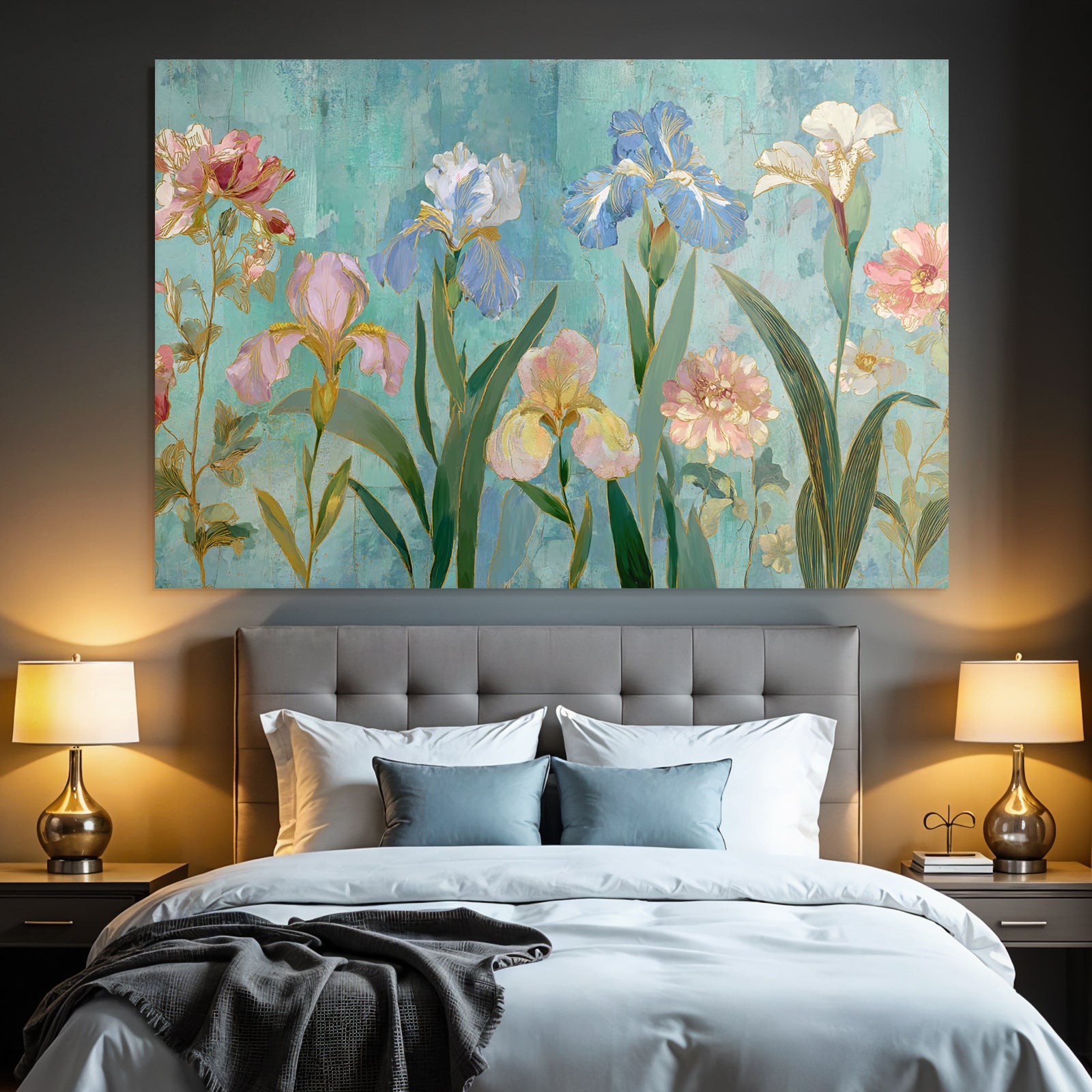 Illustration Von Bunten Blumen Und Iris Auf Türkisfarbenem Hintergrund