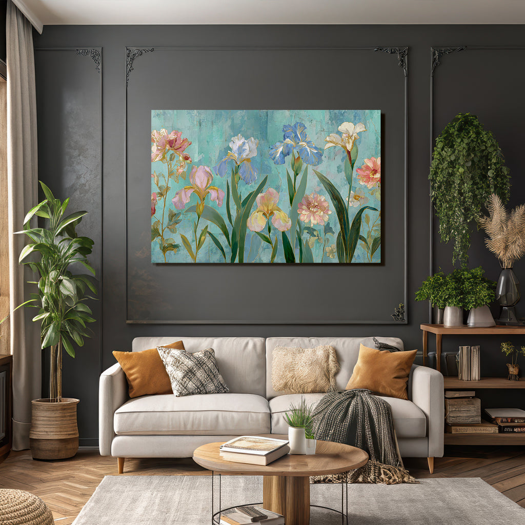 Illustration Von Bunten Blumen Und Iris Auf Türkisfarbenem Hintergrund