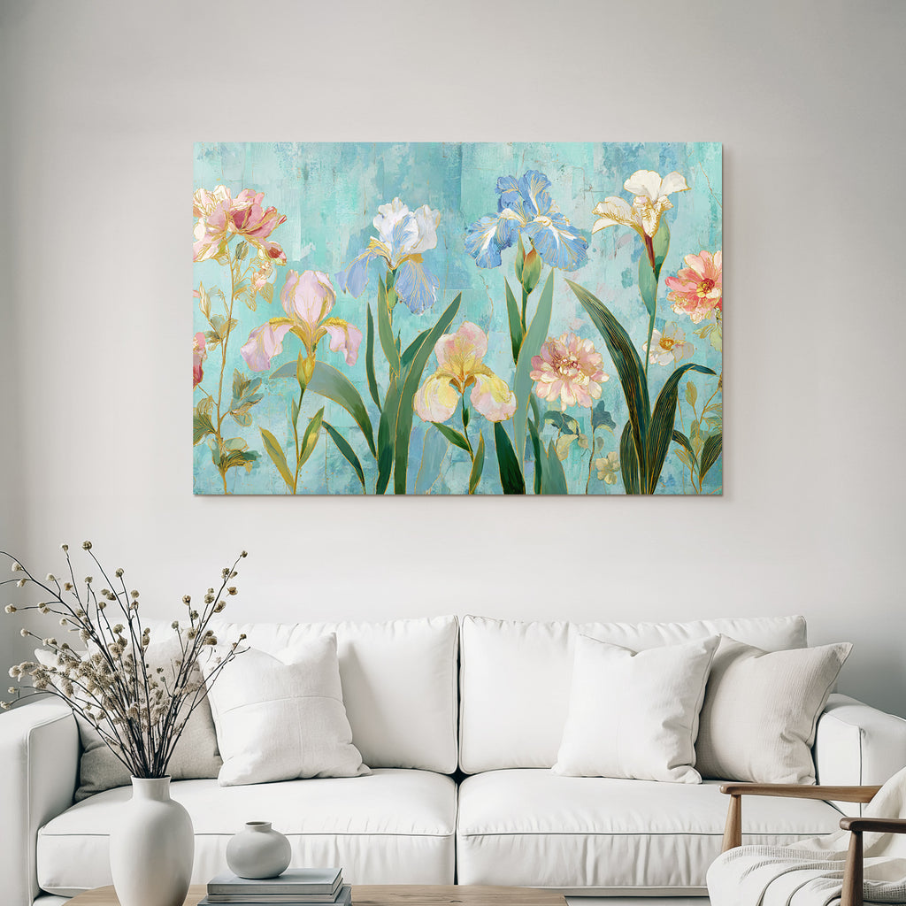 Illustration Von Bunten Blumen Und Iris Auf Türkisfarbenem Hintergrund