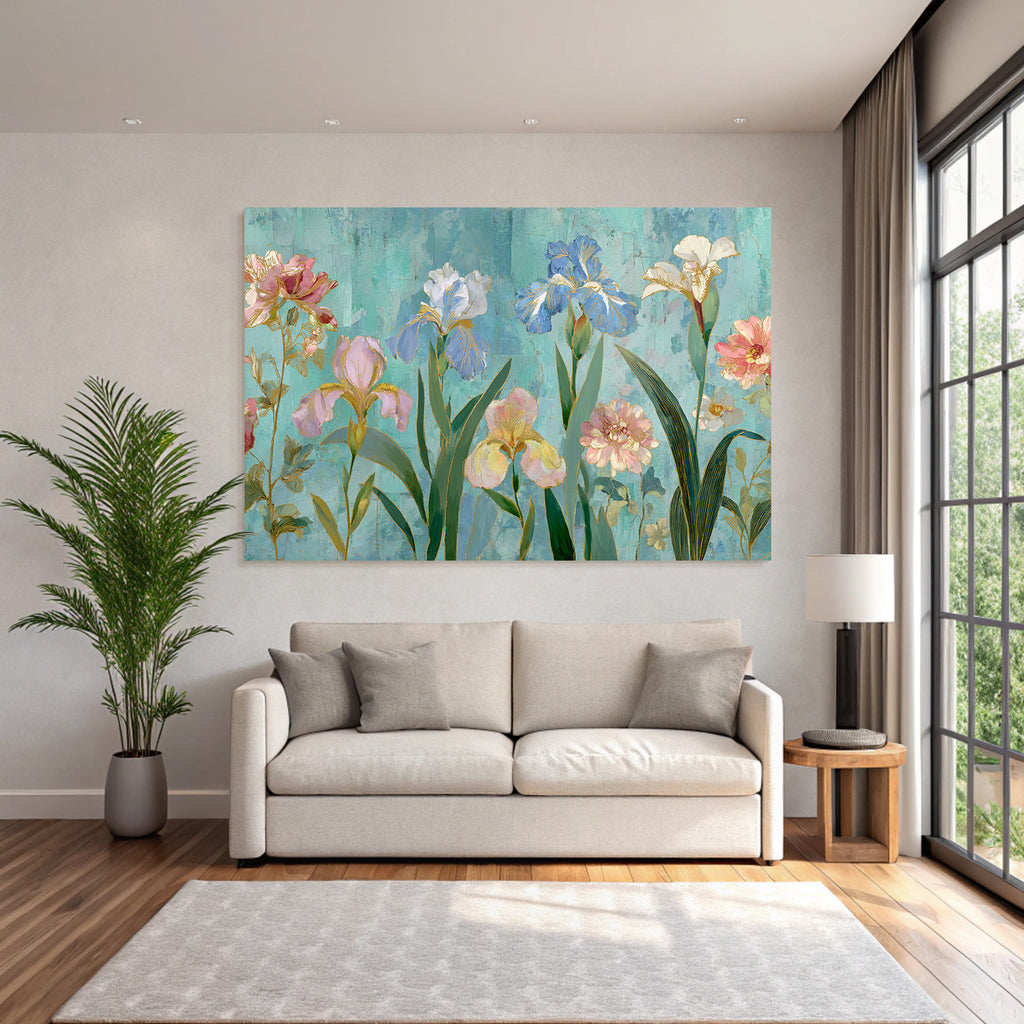 Illustration Von Bunten Blumen Und Iris Auf Türkisfarbenem Hintergrund