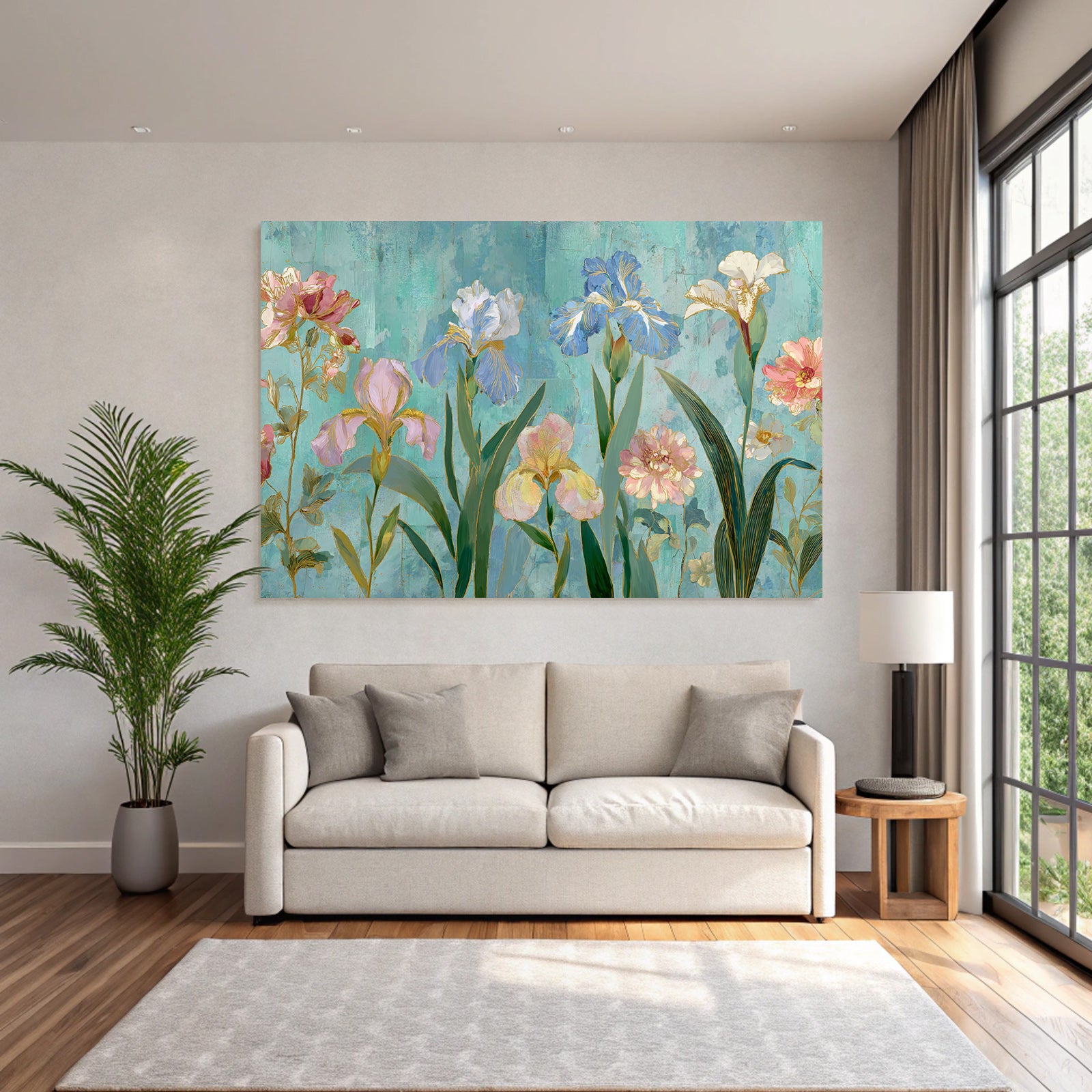 Illustration Von Bunten Blumen Und Iris Auf Türkisfarbenem Hintergrund