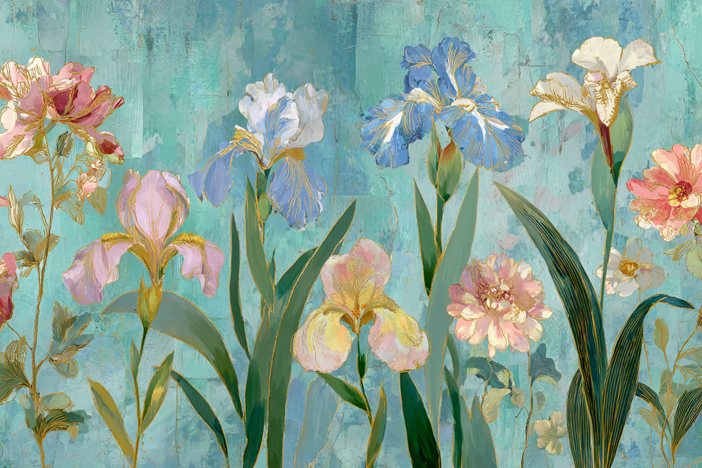 Illustration Von Bunten Blumen Und Iris Auf Türkisfarbenem Hintergrund | Jugendstil | Stilrichtungen