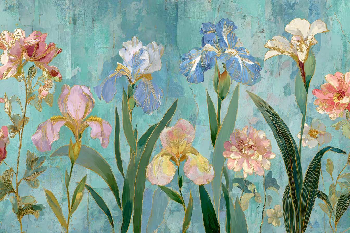 Illustration Von Bunten Blumen Und Iris Auf Türkisfarbenem Hintergrund | Jugendstil | Stilrichtungen