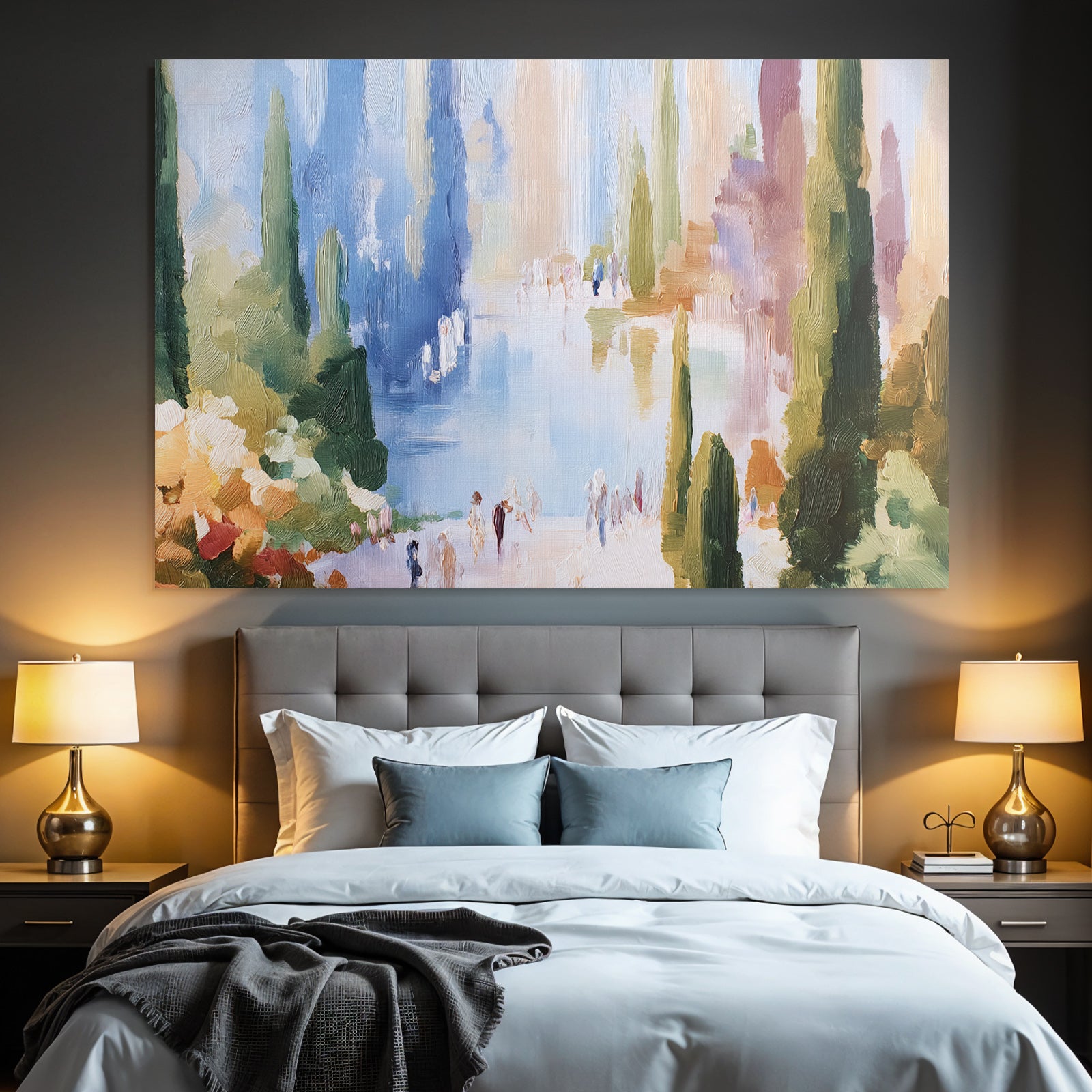 Impressionistische Seeuferlandschaft Mit Baeumen Und Spaziergängern