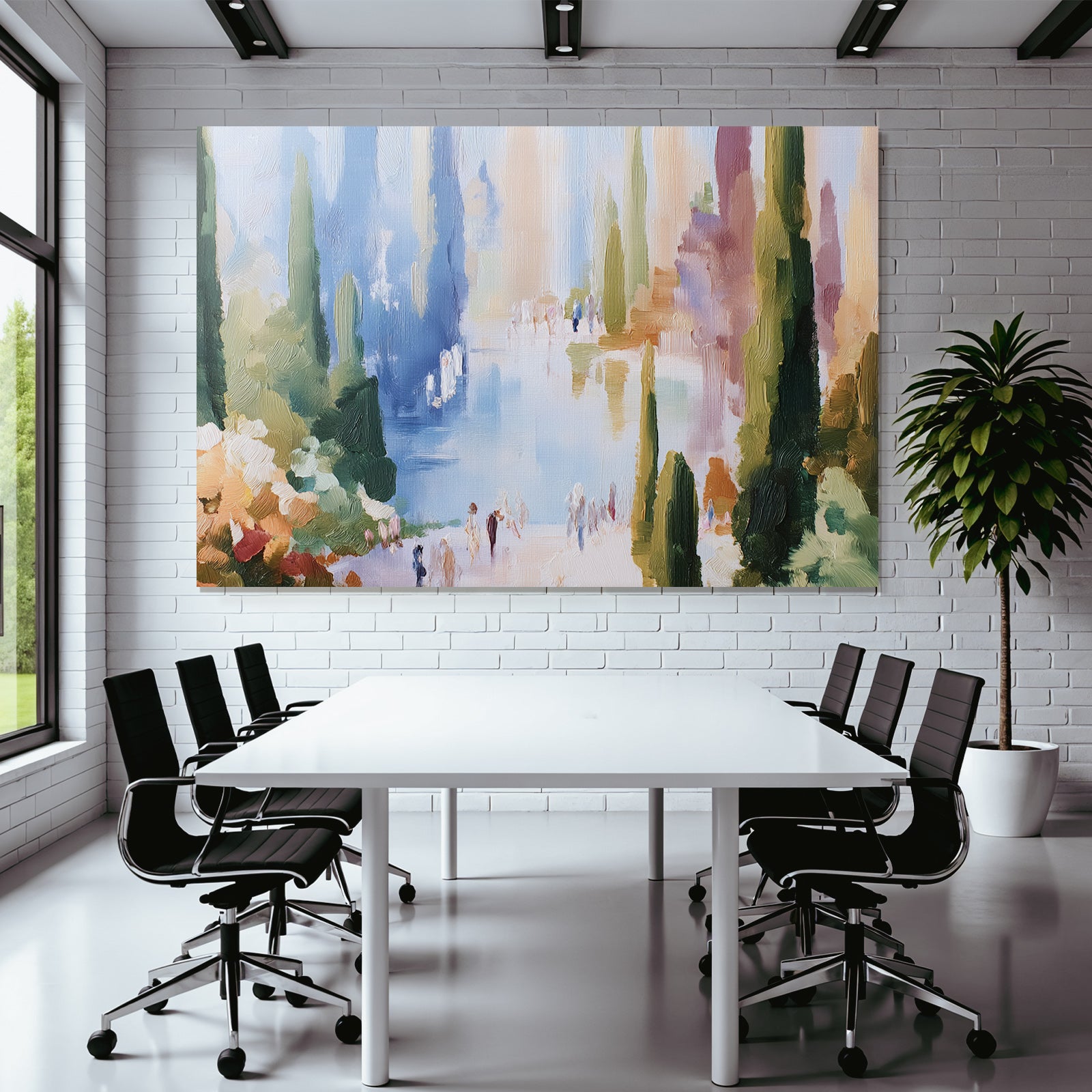 Impressionistische Seeuferlandschaft Mit Baeumen Und Spaziergängern