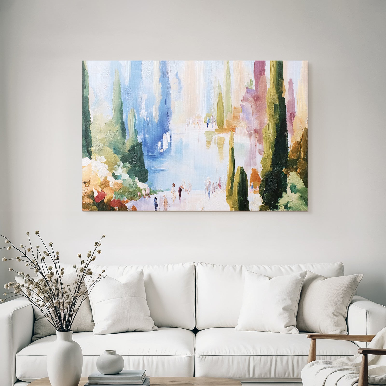 Impressionistische Seeuferlandschaft Mit Baeumen Und Spaziergängern