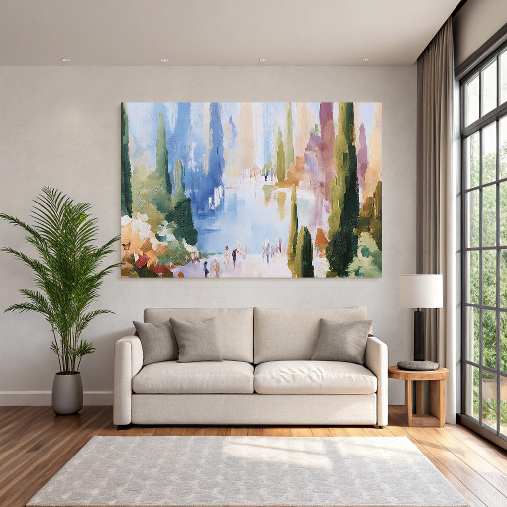 Impressionistische Seeuferlandschaft Mit Baeumen Und Spaziergängern