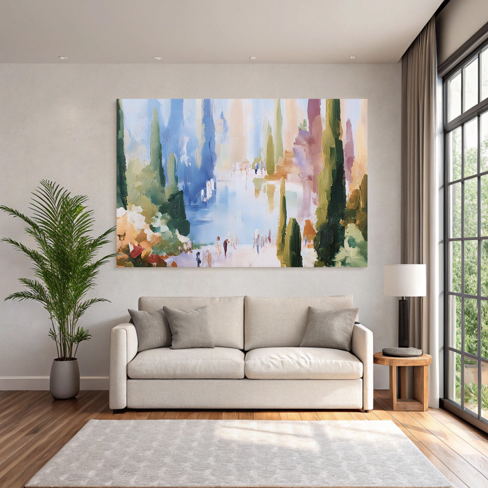 Impressionistische Seeuferlandschaft Mit Baeumen Und Spaziergängern