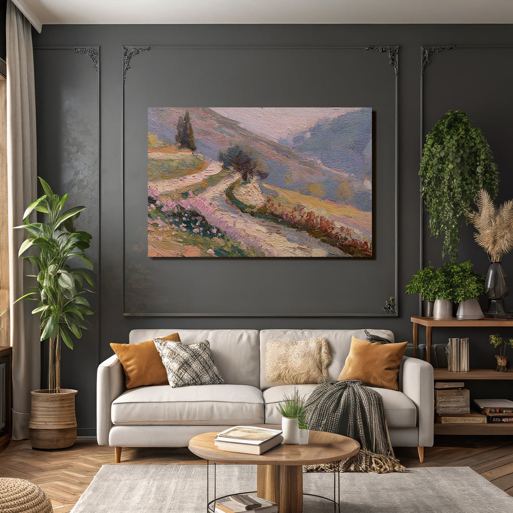 Impressionistischer Pfad Durch Vertraeumte Landschaft Mit Pastellfarbenen Blumen