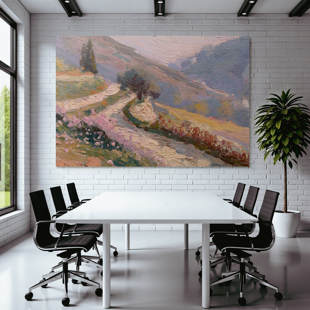 Impressionistischer Pfad Durch Vertraeumte Landschaft Mit Pastellfarbenen Blumen