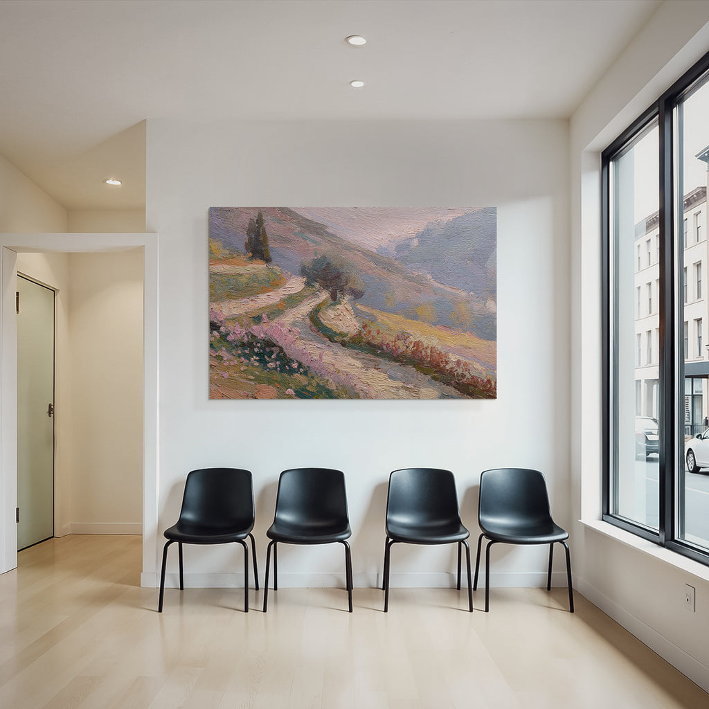 Impressionistischer Pfad Durch Vertraeumte Landschaft Mit Pastellfarbenen Blumen