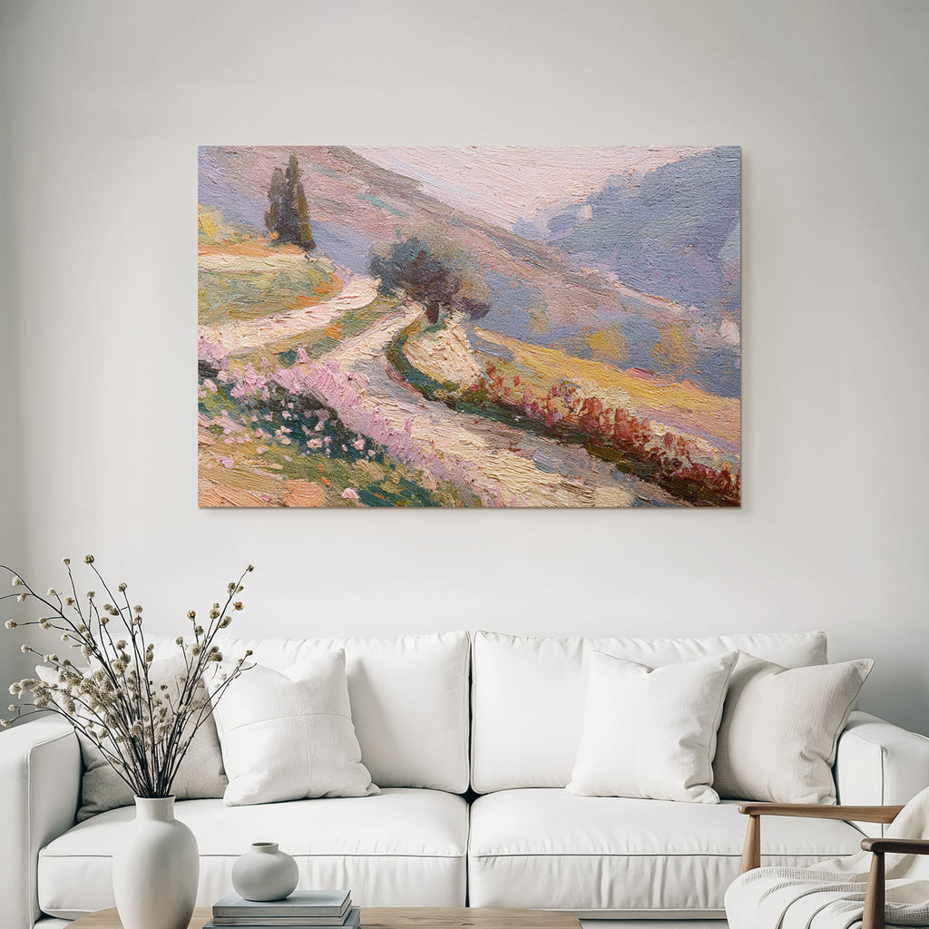 Impressionistischer Pfad Durch Vertraeumte Landschaft Mit Pastellfarbenen Blumen