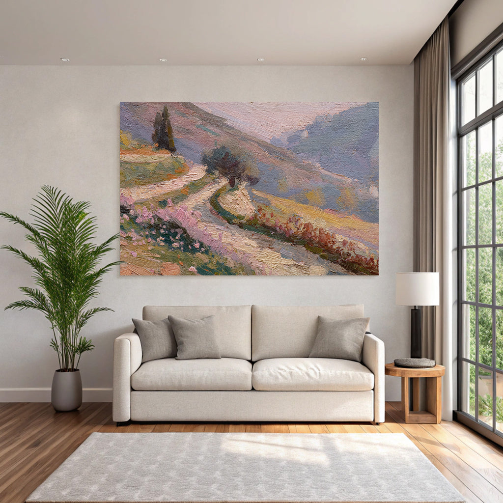 Impressionistischer Pfad Durch Vertraeumte Landschaft Mit Pastellfarbenen Blumen