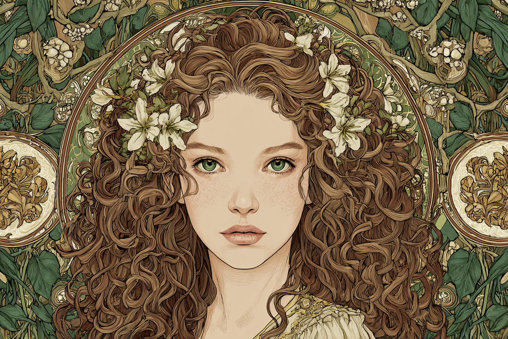 Junge Frau Mit Lockigem Haar Und Blumen | Jugendstil | Stilrichtungen