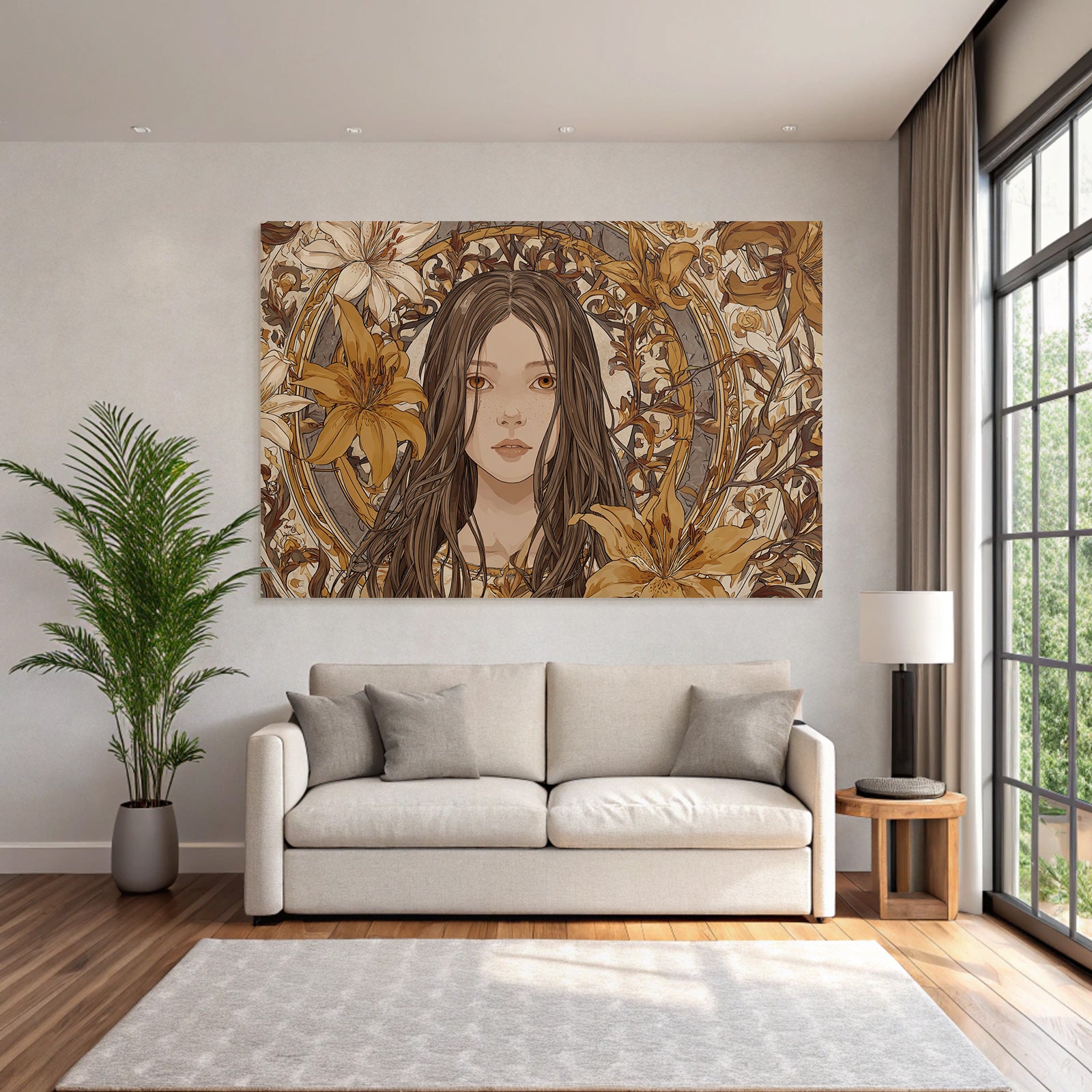 Mädchen Mit Langen Haaren Umgeben Von Blumen