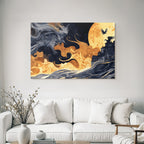 Mystische Stadt Unter Wirbelnden Wolken Und Goldenem Mond