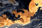 Mystische Stadt Unter Wirbelnden Wolken Und Goldenem Mond | Jugendstil | Stilrichtungen
