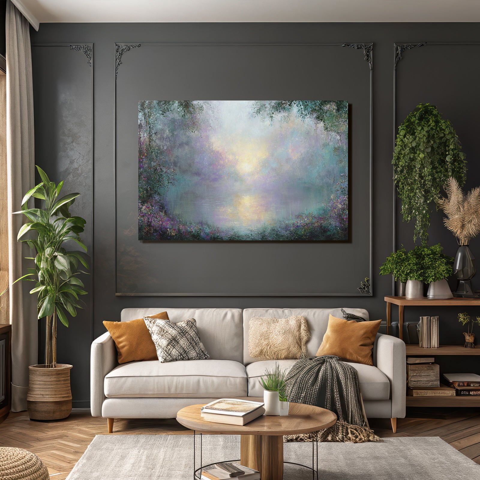 Neblige Impressionistische Landschaft Mit Ruhigem See