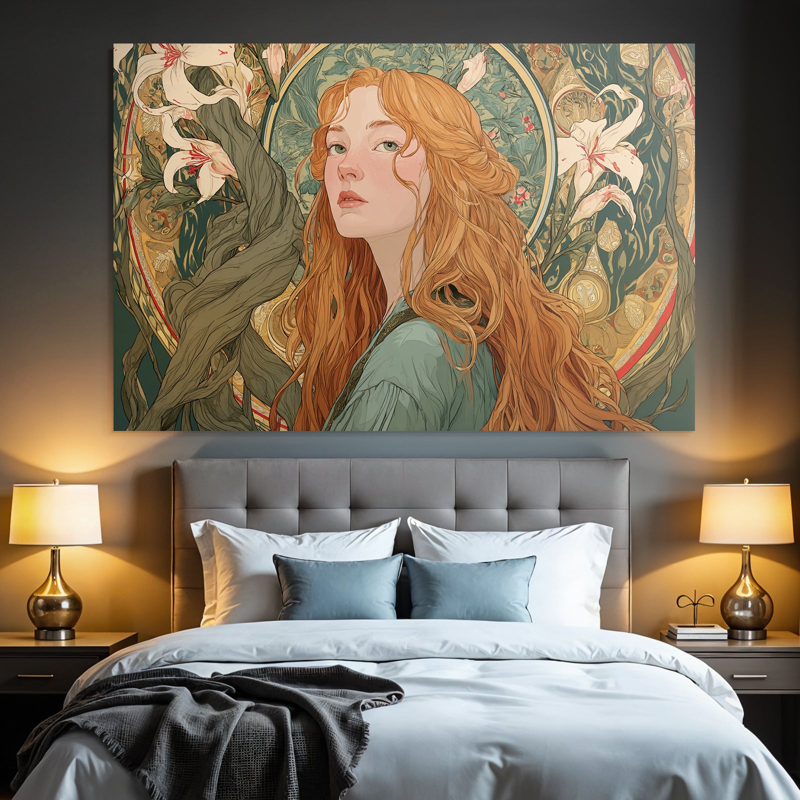 Rote Haare Fantasie Portrait Mit Botanischen Elementen