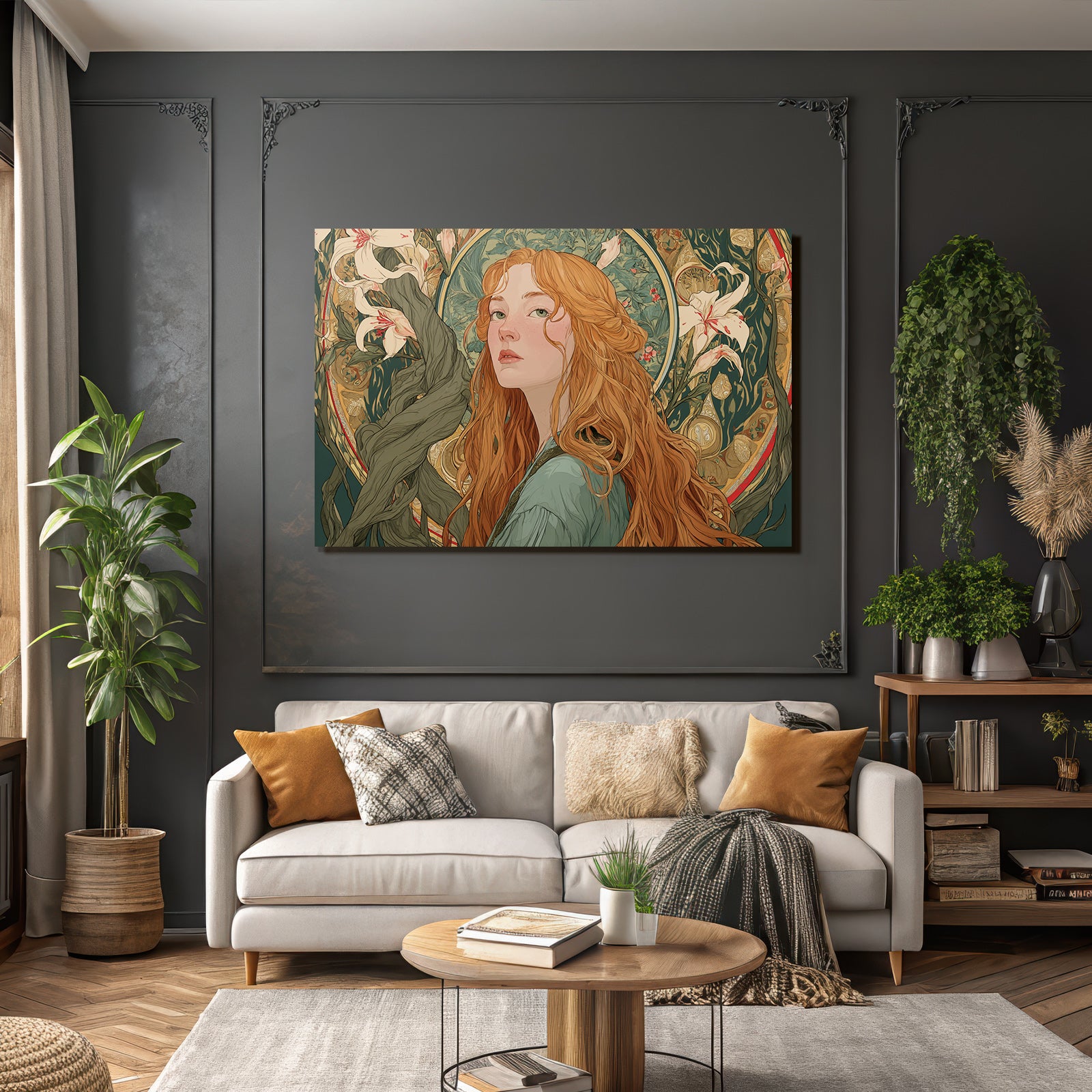 Rote Haare Fantasie Portrait Mit Botanischen Elementen
