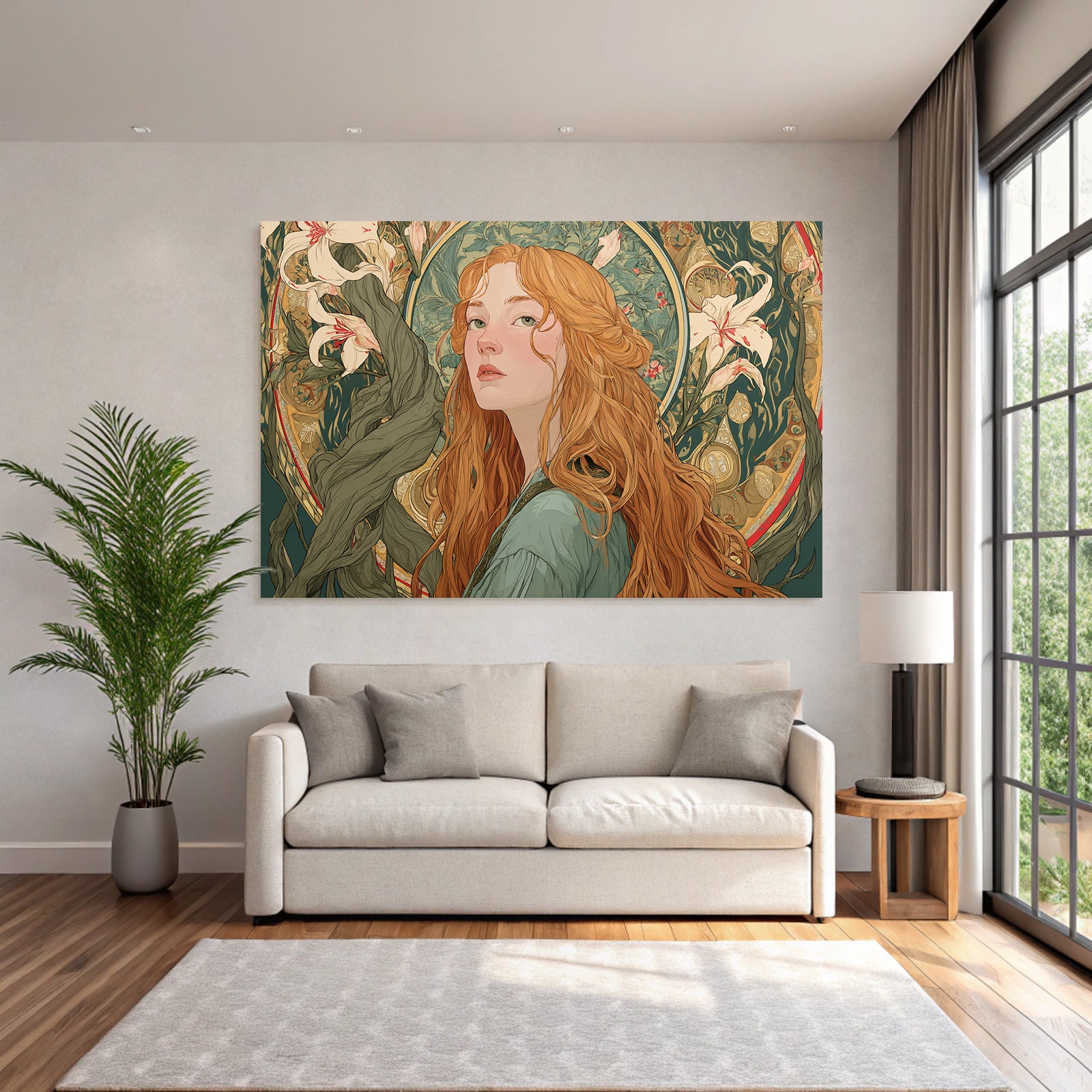 Rote Haare Fantasie Portrait Mit Botanischen Elementen