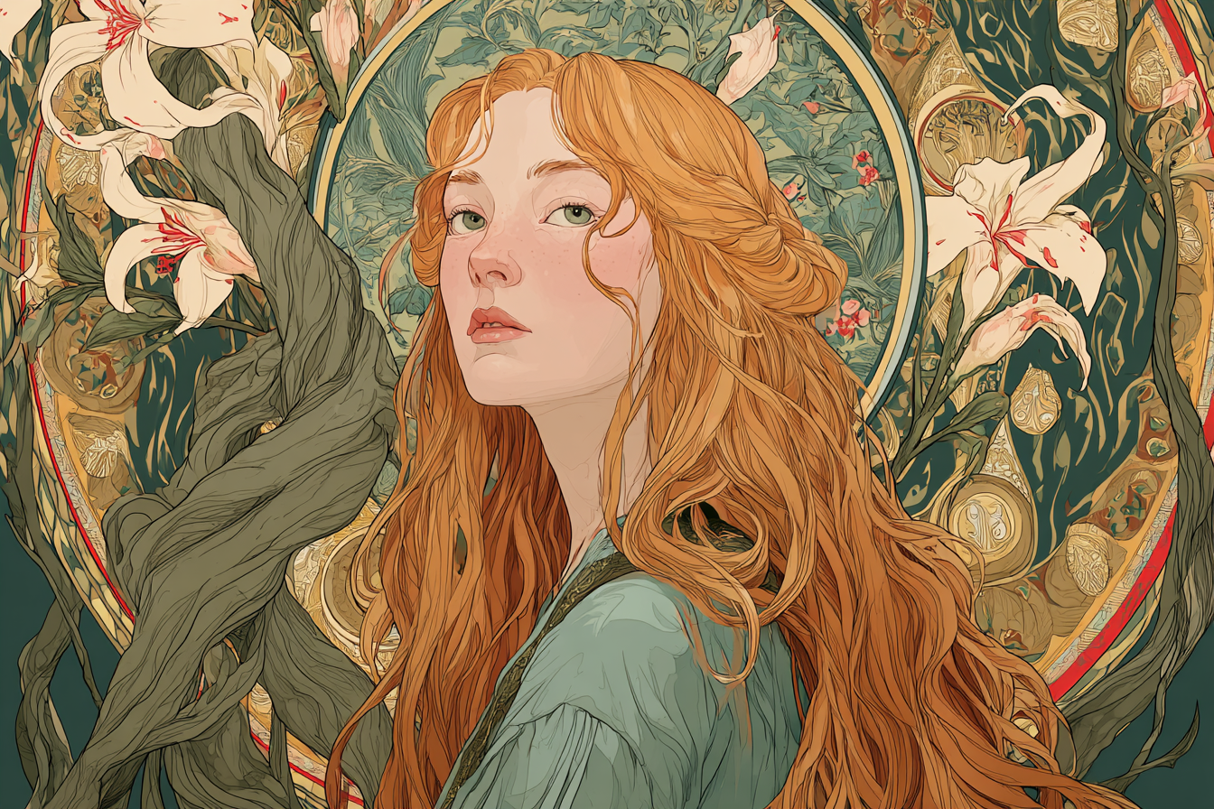 Rote Haare Fantasie Portrait Mit Botanischen Elementen | Jugendstil | Stilrichtungen