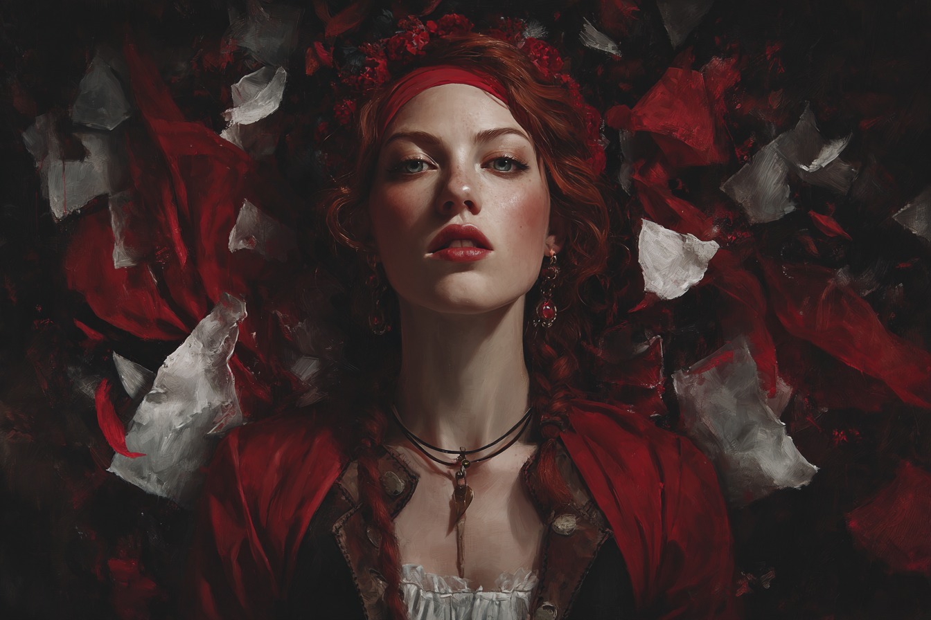 Rothaarige Frau Mit Roter Kleidung Im Dramatischen Porträt | Jugendstil | Stilrichtungen