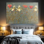 Stilisierte Blumenillustration Mit Irissen Und Rosen Vor Graüm Hintergrund