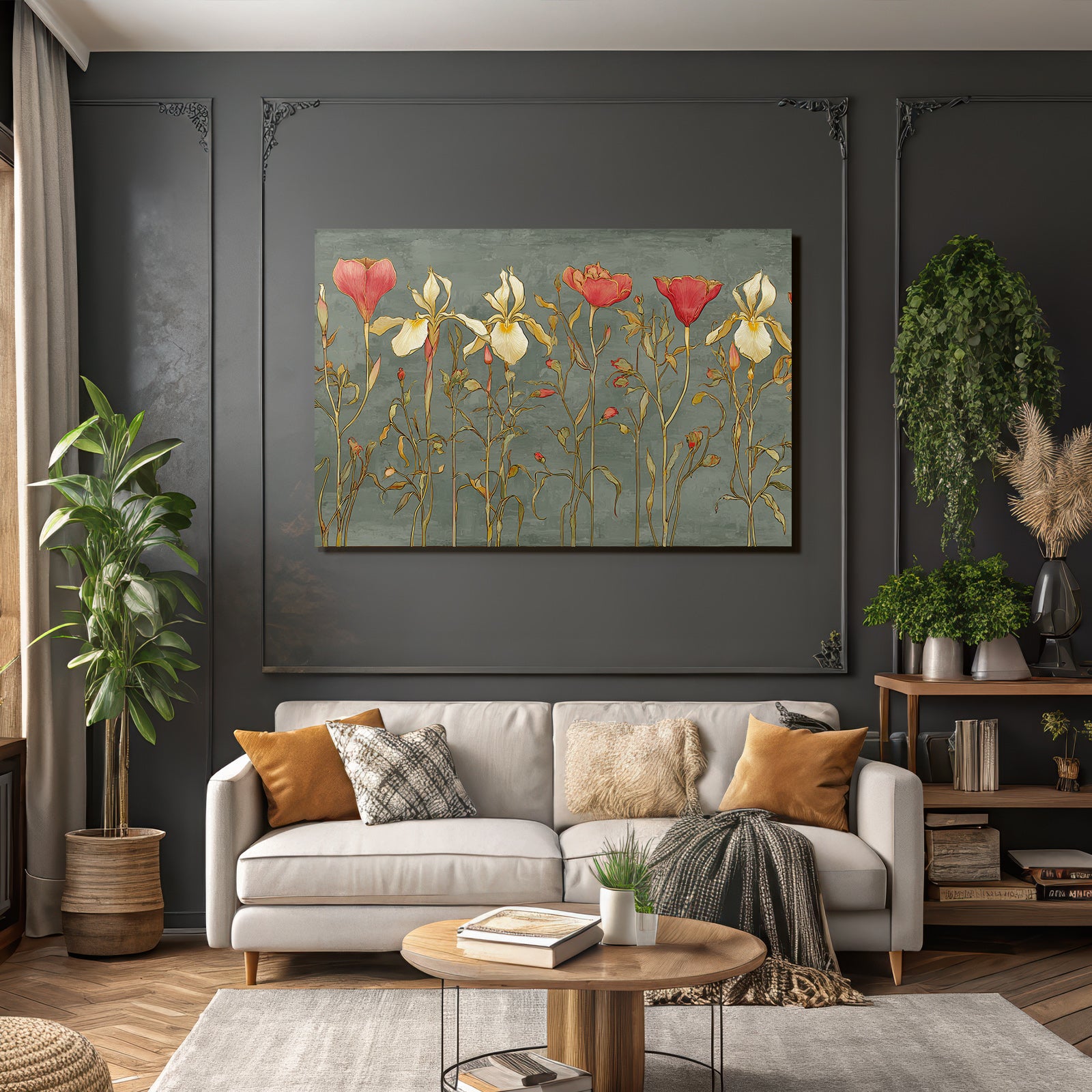Stilisierte Blumenillustration Mit Irissen Und Rosen Vor Graüm Hintergrund