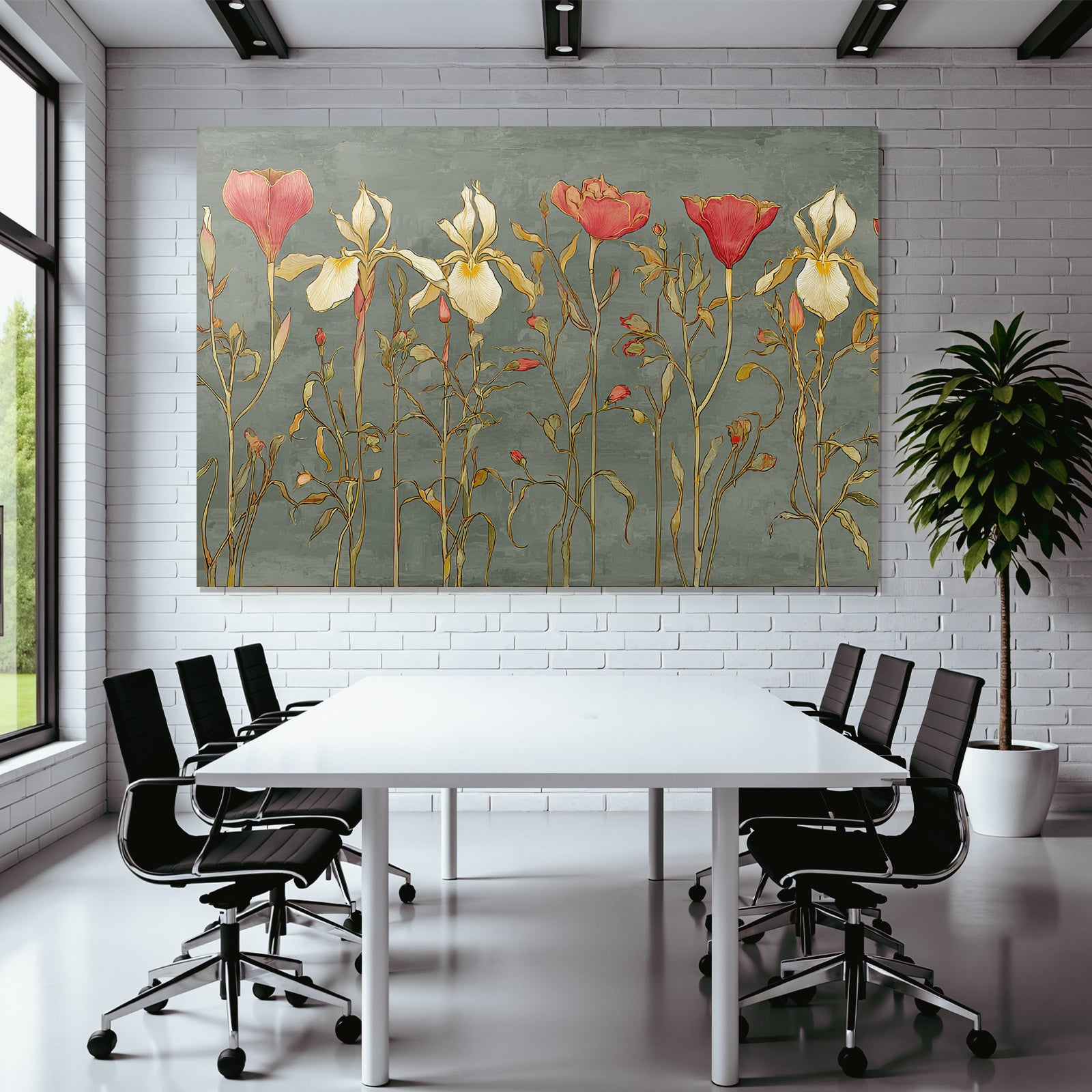 Stilisierte Blumenillustration Mit Irissen Und Rosen Vor Graüm Hintergrund