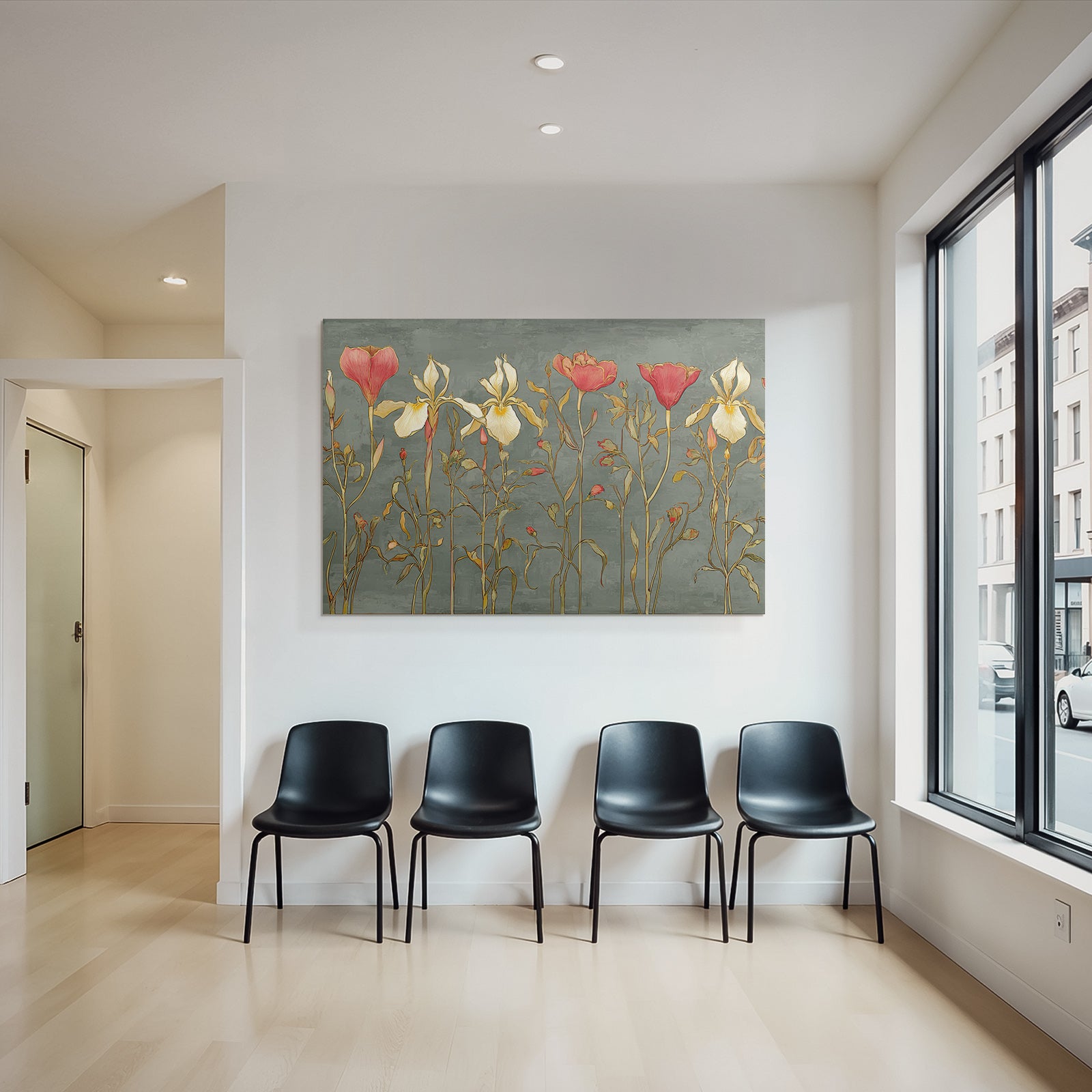 Stilisierte Blumenillustration Mit Irissen Und Rosen Vor Graüm Hintergrund