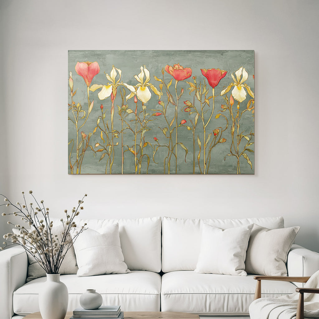 Stilisierte Blumenillustration Mit Irissen Und Rosen Vor Graüm Hintergrund