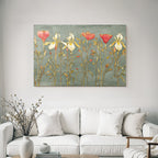 Stilisierte Blumenillustration Mit Irissen Und Rosen Vor Graüm Hintergrund