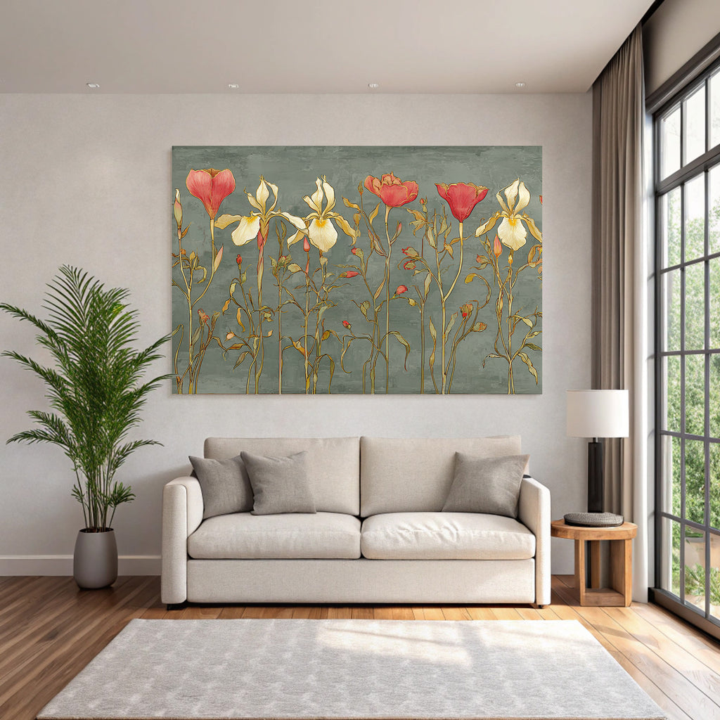 Stilisierte Blumenillustration Mit Irissen Und Rosen Vor Graüm Hintergrund