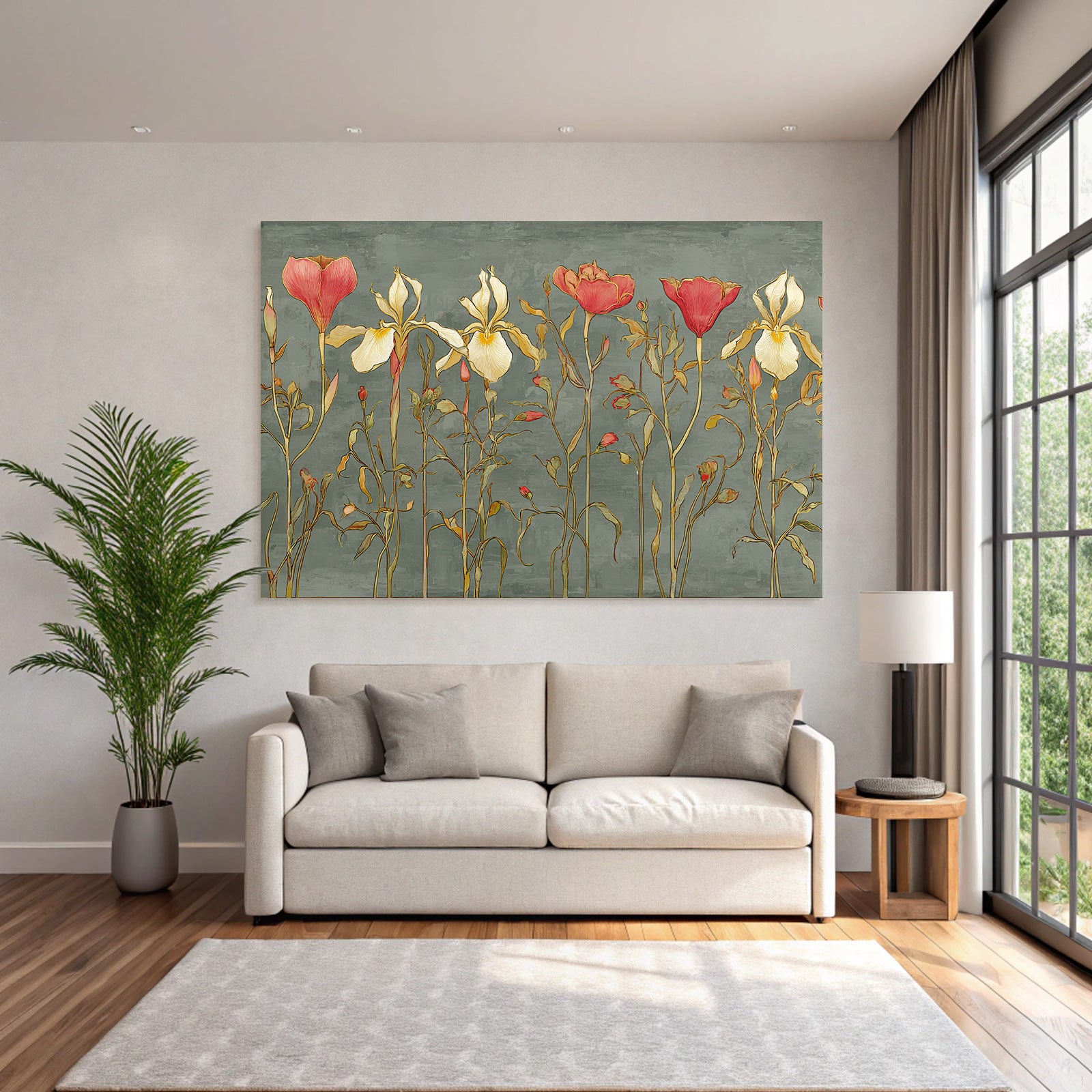 Stilisierte Blumenillustration Mit Irissen Und Rosen Vor Graüm Hintergrund