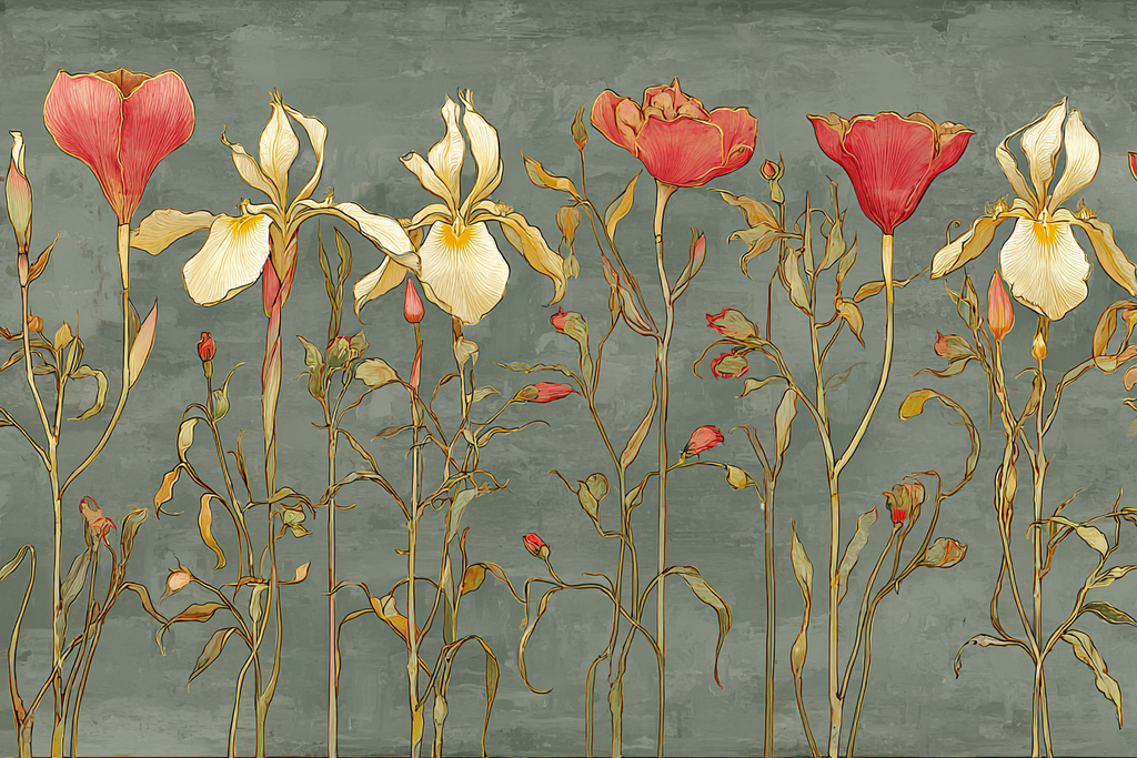 Stilisierte Blumenillustration Mit Irissen Und Rosen Vor Graüm Hintergrund | Jugendstil | Stilrichtungen