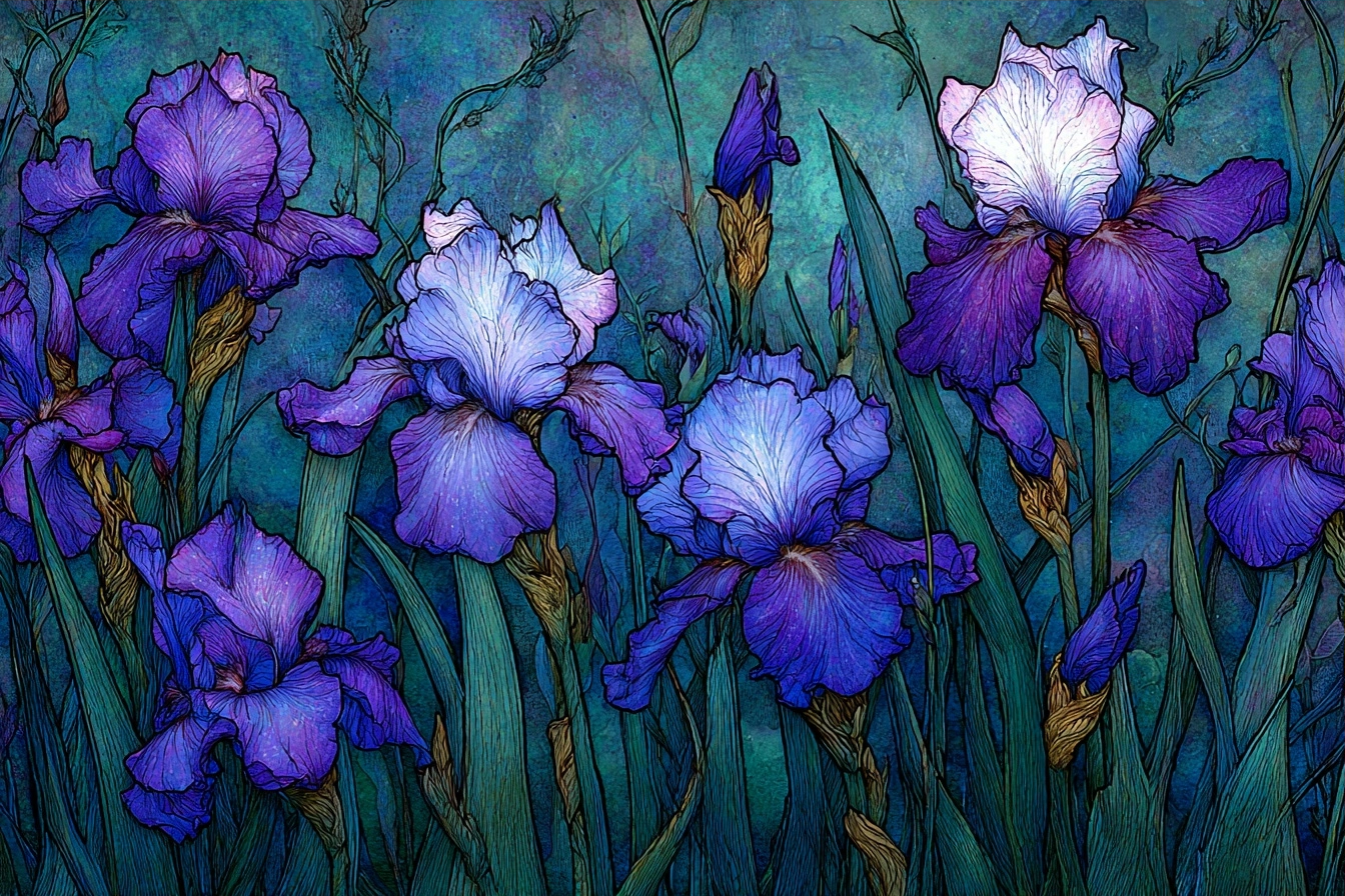 Vibrante Darstellung Von Lila Und Blaün Irisblumen Vor Farbigem Strukturiertem Hintergrund | Jugendstil | Stilrichtungen