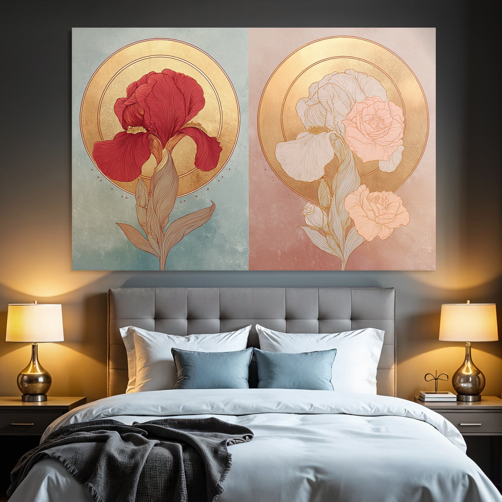 Zweifarbige Blumenillustration Rot Und Weiss Mit Goldenen Halos