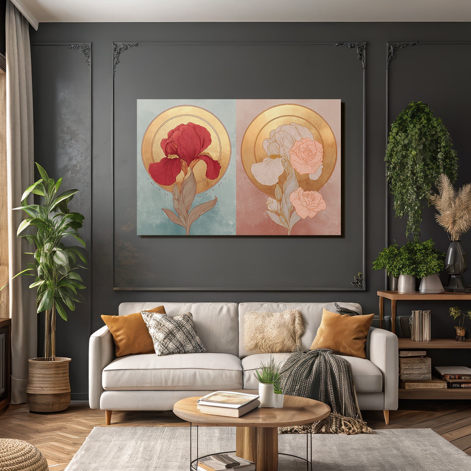 Zweifarbige Blumenillustration Rot Und Weiss Mit Goldenen Halos